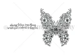Line art of the Something Wonderful Butterfly stamp set: a large butterfly whose wings are built entirely from roses, daisies and leaves, paired with a script sentiment reading Always believe something wonderful is about to happen.