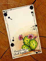 Vintage-style card with the colored cactus and ink splatters on kraft, 'Friends like us stick together.'