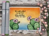 Card with the cactus over an orange-to-blue ombre panel, 'The world is full of cacti but you don't have to sit on them.'