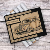 Card with a sepia vintage car layered on black over kraft and 'Happy Father's Day.'