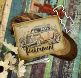 Card with a colored vintage car on kraft and 'Happy Retirement.'