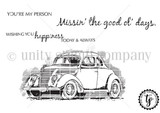 Line-art stamp sheet of a vintage classic car with 'Missin' the good ol' days.' and 'WISHING YOU happiness TODAY & ALWAYS.'