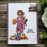 Card with the cat lady in a lavender robe and hair rollers holding kittens, with 'All you need is love & cats.' beside her.