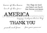 Line-art red rubber stamp set of patriotic sentiments including "AMERICA," "THANK YOU," "land of the free" and "home of the brave."