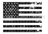 Line-art stamp of a distressed American flag filling the full panel - Broad Stripes, Bright Stars background.