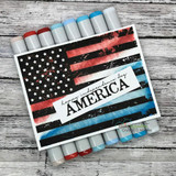 Patriotic card with the flag in red, white and blue and an 'AMERICA' sentiment banner.