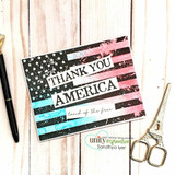 Card with the flag in muted red and blue, 'THANK YOU AMERICA, land of the free.'