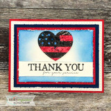 Card with a flag-filled heart in a red frame, 'THANK YOU for your service.'