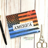 Warm sunset-toned flag card with an 'AMERICA' banner.