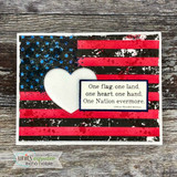Card with the red-and-blue flag and a white heart, 'one flag, one land, one heart, one Nation evermore.'