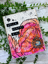 Pink mixed media panel with poppy sketch over the script background — hello pretty girl