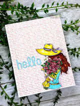 Pink hello card with sunhat girl and bouquet over soft script texture