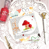 Mushroom in circle frame over the script background with red splatter