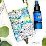 Peace card — floral sketch over inked script background with blue mist spray