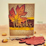 Autumn maple leaves over script — Thanks in gold across the panel