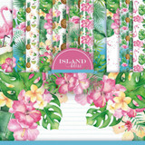Island Bliss 6x6 paper pack — tropical hibiscus, palm leaves, flamingos and pineapples in teal, pink and green.