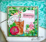 Card sample — a tall iced coffee with a hibiscus and tropical leaves, 'hey brewtiful!', on Island Bliss papers.