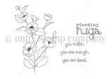 Red rubber stamp set line art: a spray of poppy-style flowers with the sentiments 'sending hugs', 'you matter. you are enough. you are loved.'