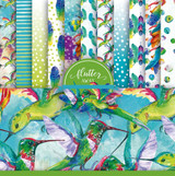Spread of the Flutter Away papers — bright watercolor feathers, darting hummingbirds and confetti dots in teal, green, purple and rainbow tones.