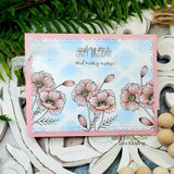Pink scalloped card of sketched poppies on clouds, 'wishing you a happy birthday and many more'