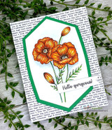 Green hexagon card of an orange poppy on newsprint, 'Hello gorgeous!'