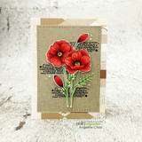 Kraft card of red poppies over a happy-birthday script background