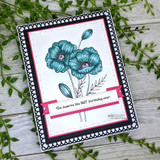 Black lattice-framed card of teal poppies, 'You deserve the best birthday ever'