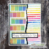 Rainbow candle-stripe card with torn watercolor edge, 'Happy Birthday to You'