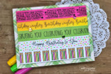 Plaid birthday card stacked with candle rows and celebration script strips