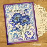 Purple mosaic-stenciled card of blue poppies, 'Hello gorgeous!'