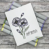 Minimal white card of a grey inked poppy stem, 'Happy Birthday!'