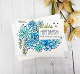 Blue succulent-cluster card stamped 'Happy Birthday and many more!'
