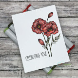 Clean white card of red poppies, 'CELEBRATING YOU!' in bold caps