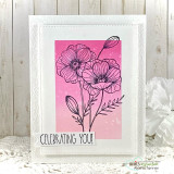 Pink ombre card of line-art poppies, 'CELEBRATING YOU!'