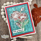 Teal burlap-textured card of white embossed poppies, 'Hello gorgeous!'