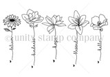Line-art red rubber stamp set 'Words in Bloom' showing five delicate floral stems, each with a one-word sentiment—kindness, believe, hope, hello, blessed—by Sandhya Iyer.