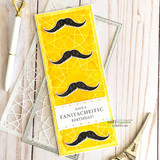 Slimline yellow card with black mustaches stamped over a geometric stencil pattern around the 'Have a fan{tache}tic birthday!' sentiment.