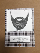 Card with a grey stamped beard on a torn white panel above a black and white plaid band and a 'Have a fan{tache}tic birthday!' label.