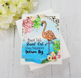 A tropical sample card featuring a flamingo and palm leaves with layered stacked cards behind it.