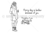 A red rubber stamp set of a girl in a fall coat and scarf with a warm drink and cozy sentiments.