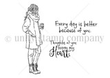A red rubber stamp set of a girl in a fall coat and scarf with a warm drink and cozy sentiments.