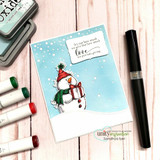Snowy blue card with a single snowman on a hill, sentiment on a small strip, markers alongside.