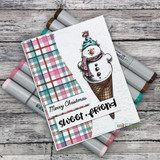 Plaid card with the snowman inside a coffee cup shape, 'Merry Christmas' and 'sweet friend' banners.