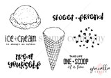 Line-art stamp set of an ice cream cone, a scoop, hearts and sentiments 'take life one scoop at a time' and 'treat yourself' – One Scoop at a Time by Graciellie Design.