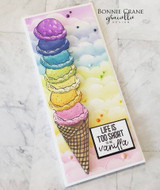 Slim card with a tall tower of colorful scoops and 'life is too short' sentiment.