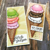 Two cards with brightly colored stacked ice cream scoops and 'gelato season.'