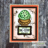 Card with a green-scoop ice cream cone framed in black and 'ONE SCOOP at a time.'