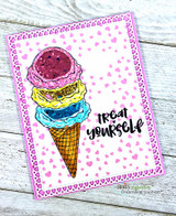 Pink polka-dot card with a stacked scoop cone and 'treat yourself.'