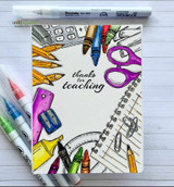 Card with the school supplies border coloured in bright marker over a white panel, sentiment "thanks for teaching" in the open centre.