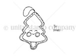 Line art of the Felt Christmas Tree stamp: a stitched felt-style Christmas tree with a little smiling face and rosy cheeks, beside a small tag stamp reading To and From.